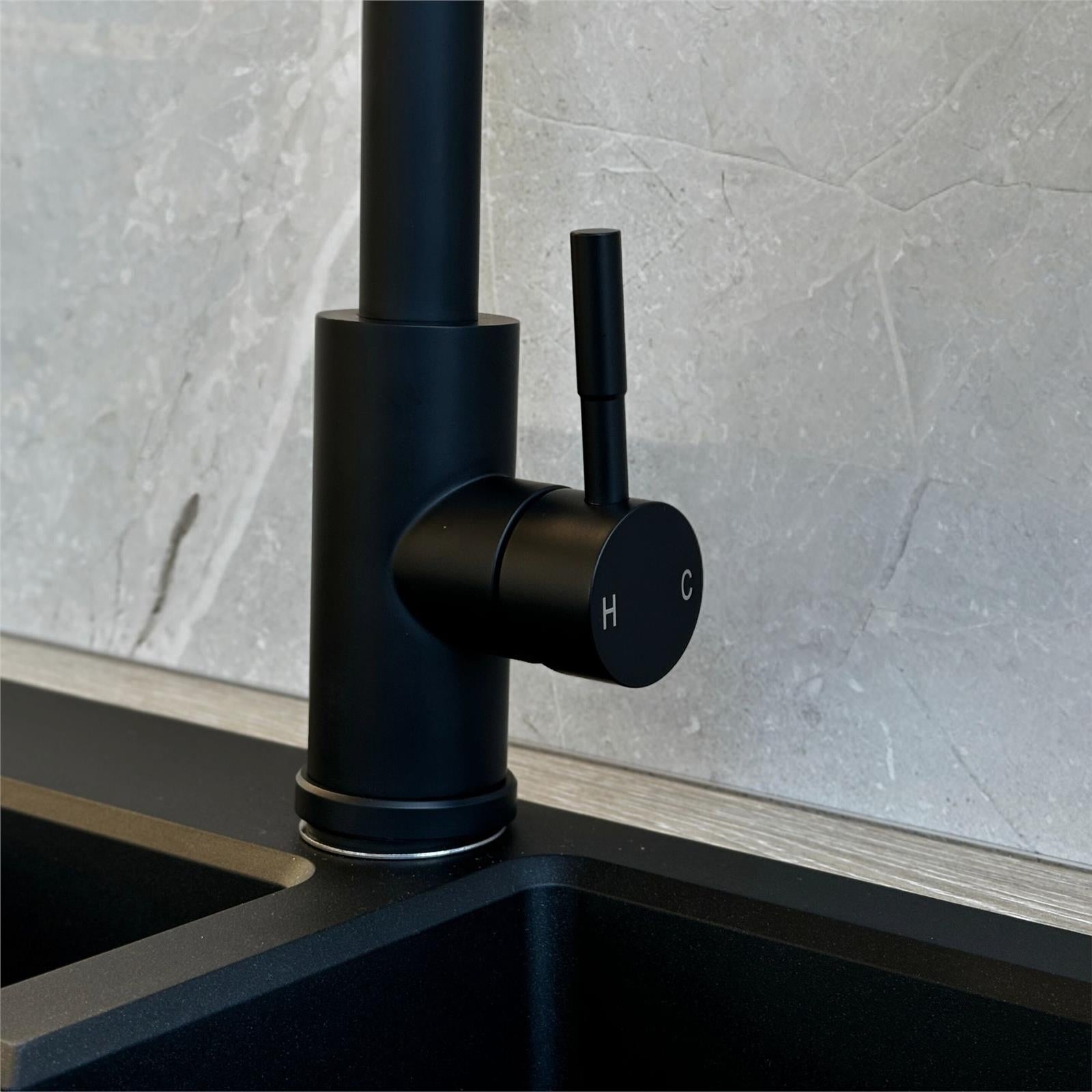 Liquida CMP10BL 1.0 Bowl Reversible Black Kitchen Sink And Pull Out CT453MB Tap